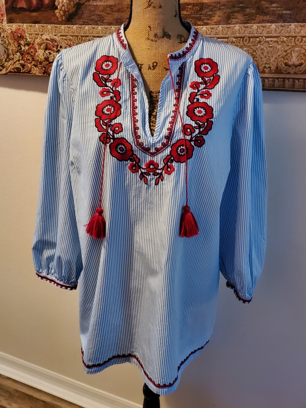 Blue Striped Embroidered Tunic Top with Red Floral Detail XL